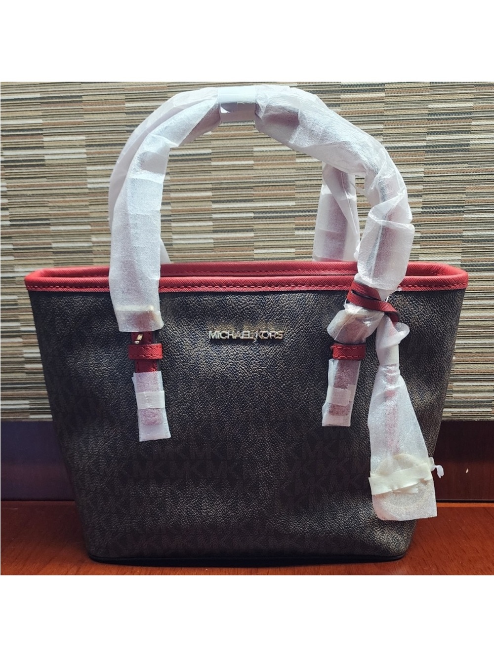 Michael Kors Brown and Red Signature Tote Bag